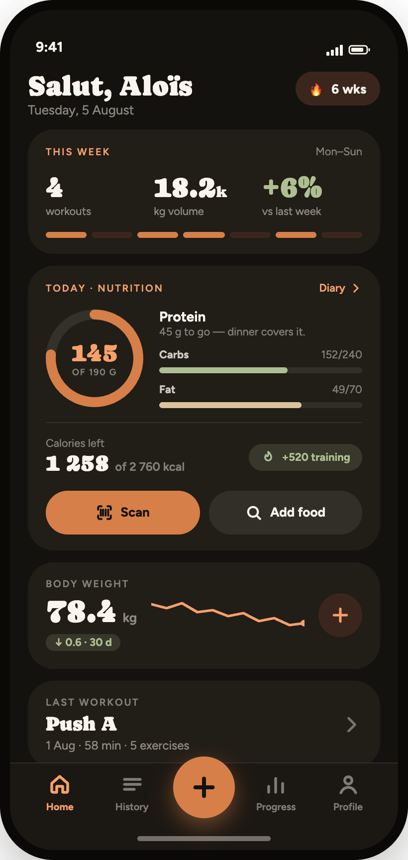 GymTrack home screen with the nutrition card showing a protein ring, carbs and fat bars, calories left and scan and add-food buttons